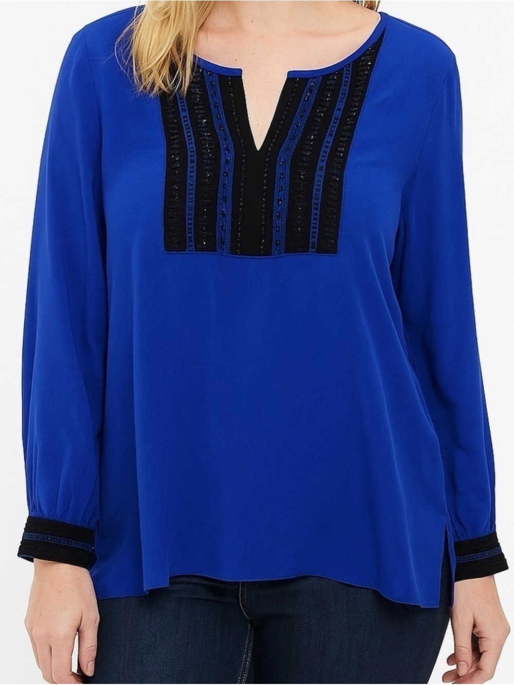 Chico's Cobalt Blue Beaded V-Notch Blouse (1)